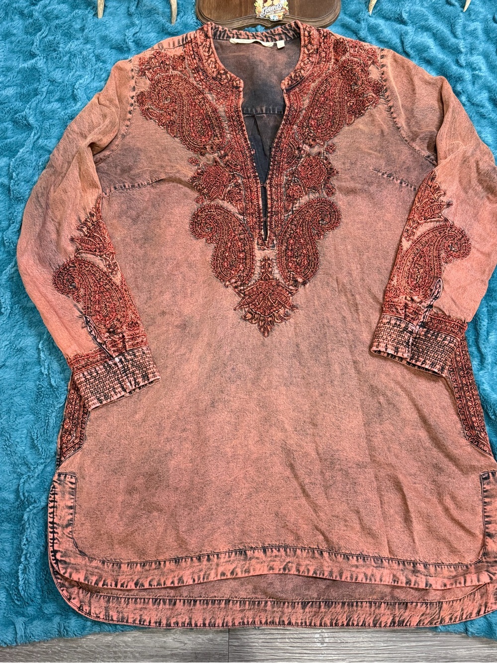 Soft Surroundings Rust Acid Wash Embroidered Paisley Long Tunic Top M Boho